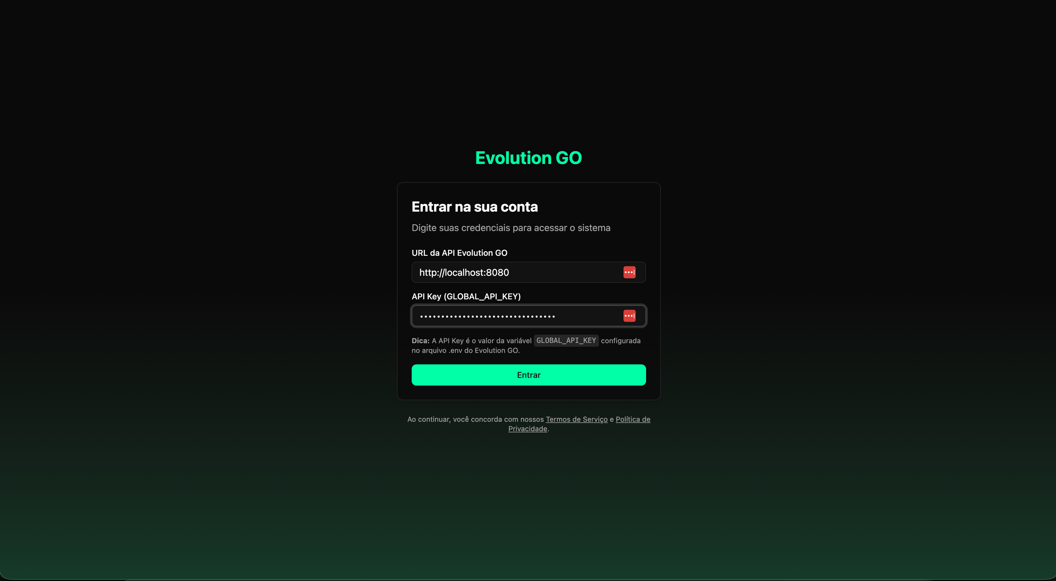 Tela de login do Evolution GO Manager com campos de URL da API e API Key