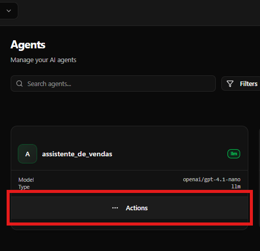 Visão geral da tela de Agents