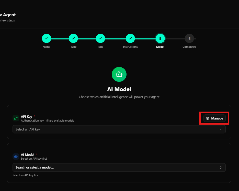 Seleção de modelo de IA e gerenciamento de API Keys