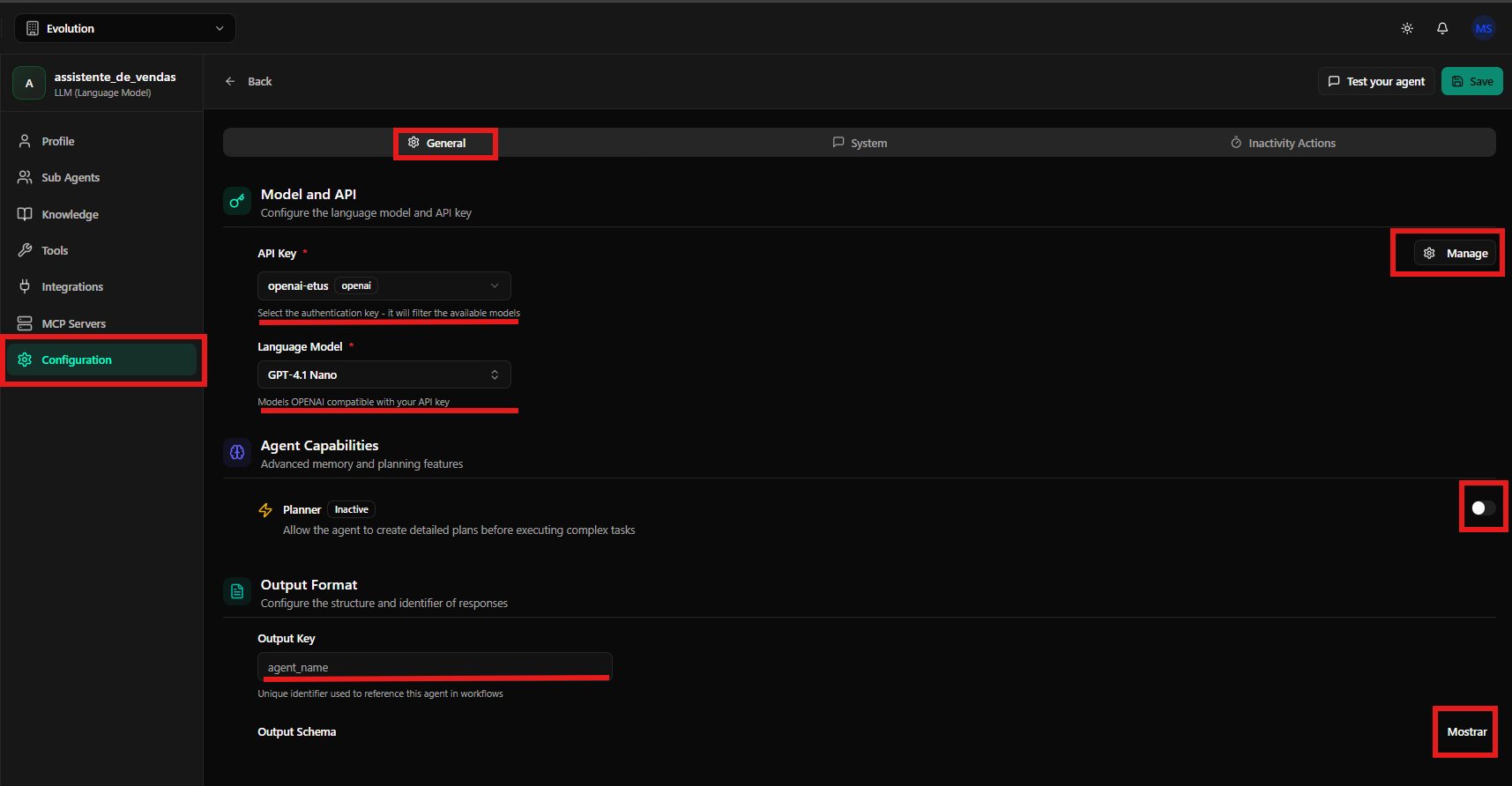 Visão geral da tela de Configuration