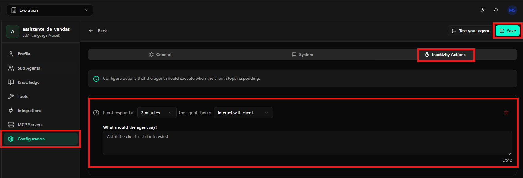Configuração de Inactivity Actions