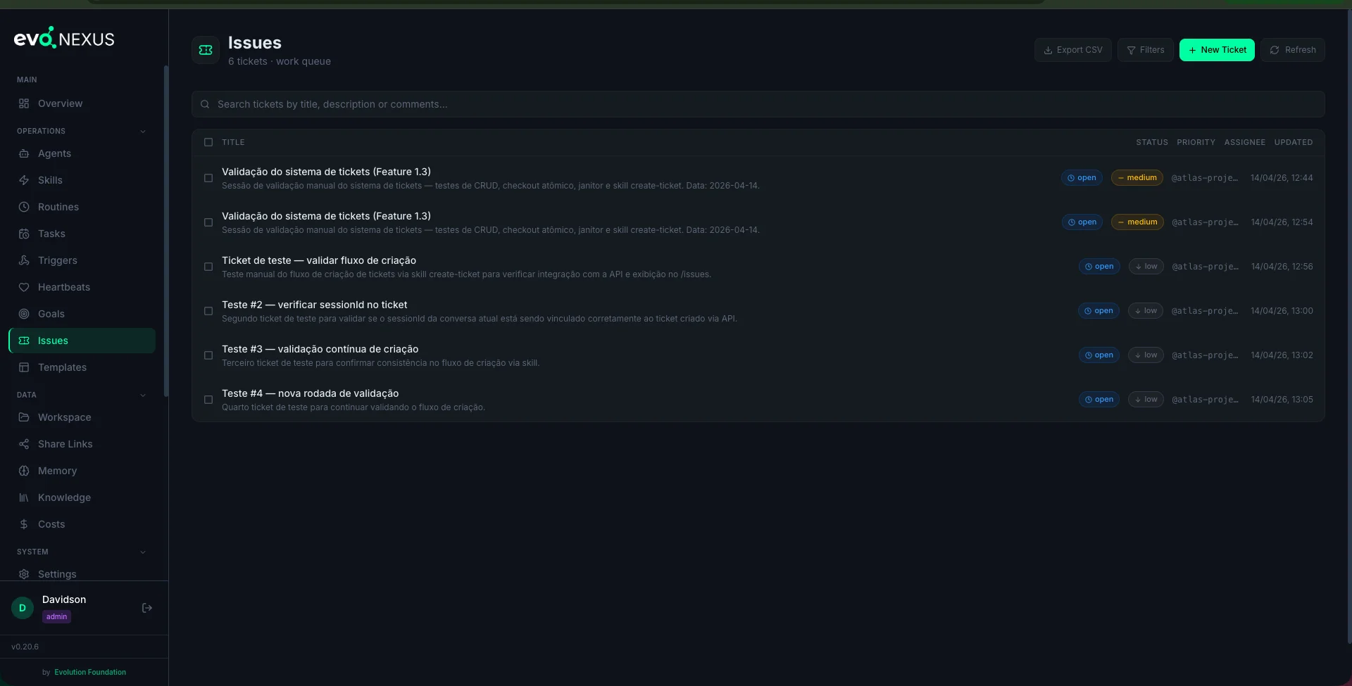 Inbox de issues — tickets com status, prioridade e responsável