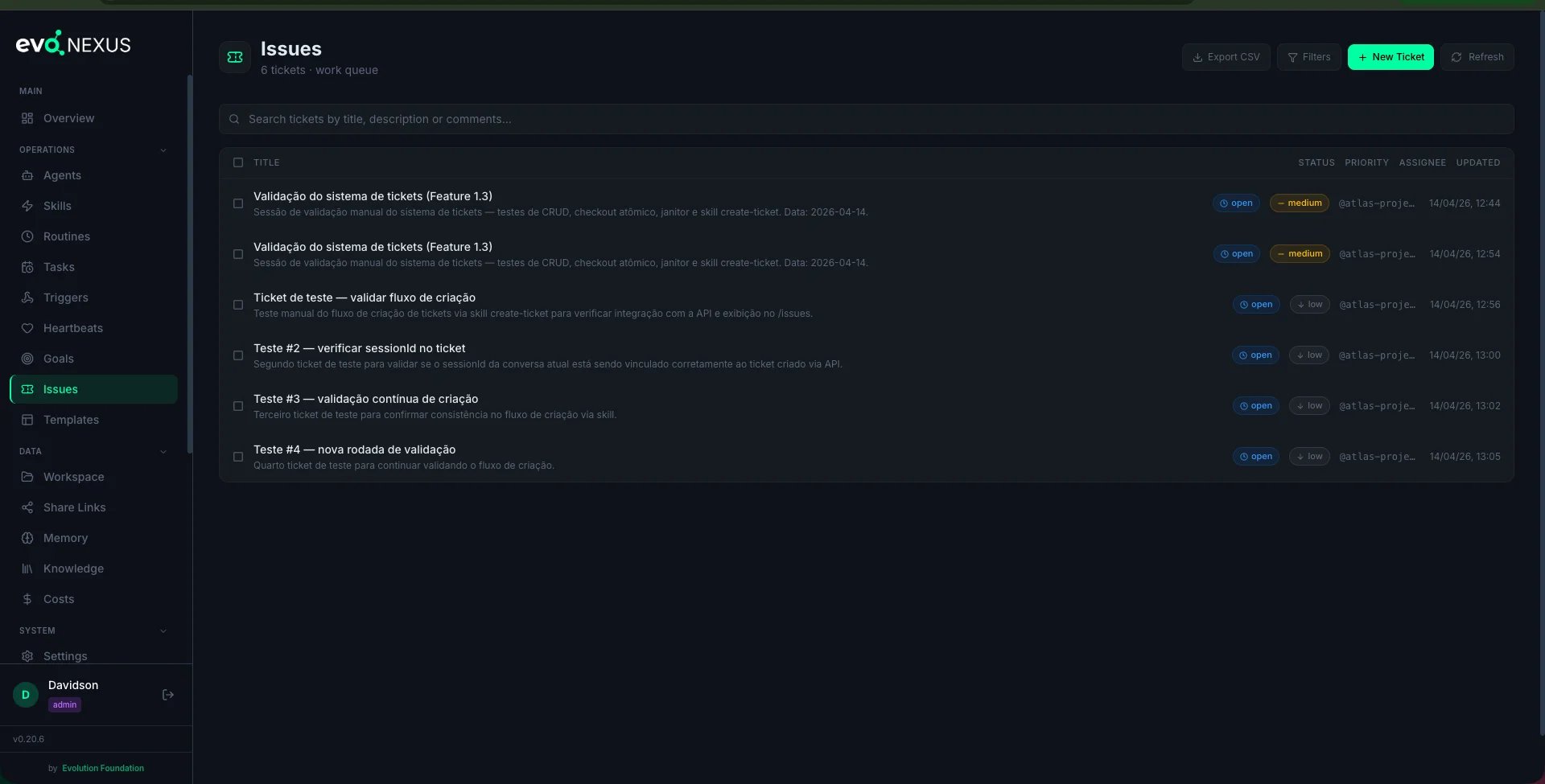 Inbox de issues — tickets com status, prioridade e responsável