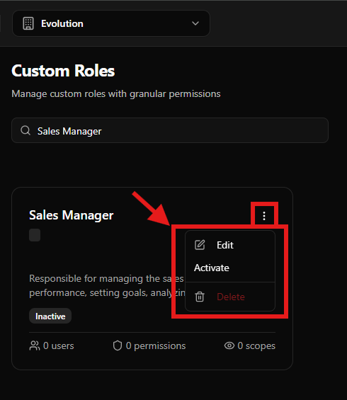 Menu de ações da função personalizada destacado - opções Edit, Activate e Delete