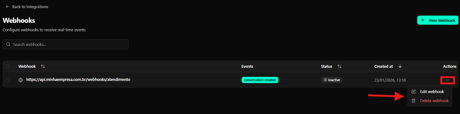 Menú de acciones del webhook destacado - opciones Edit webhook y Delete webhook