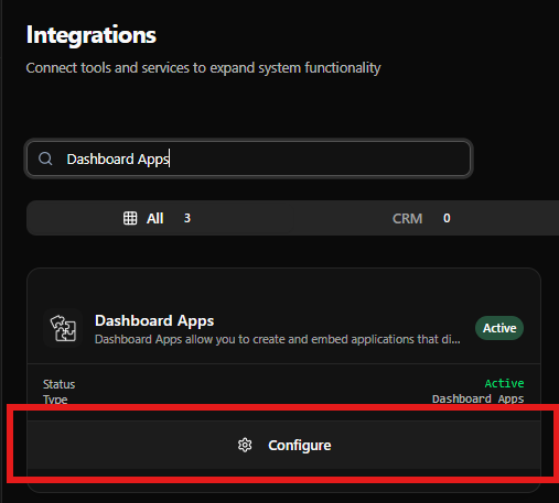 Tarjeta de Dashboard Apps destacada en la página de Integraciones con botón Configure
