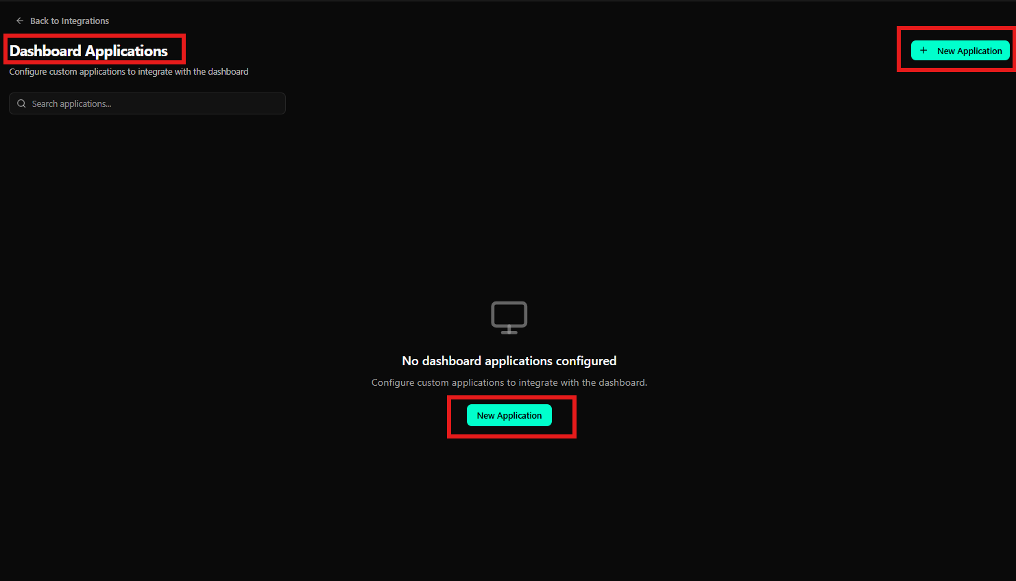 Página de Dashboard Applications en estado vacío con botón New Application destacado