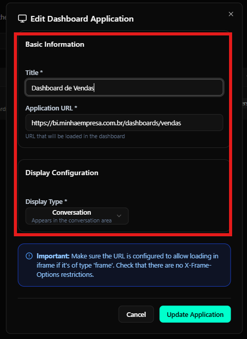 Modal de creación de nueva aplicación del dashboard con campos para completar