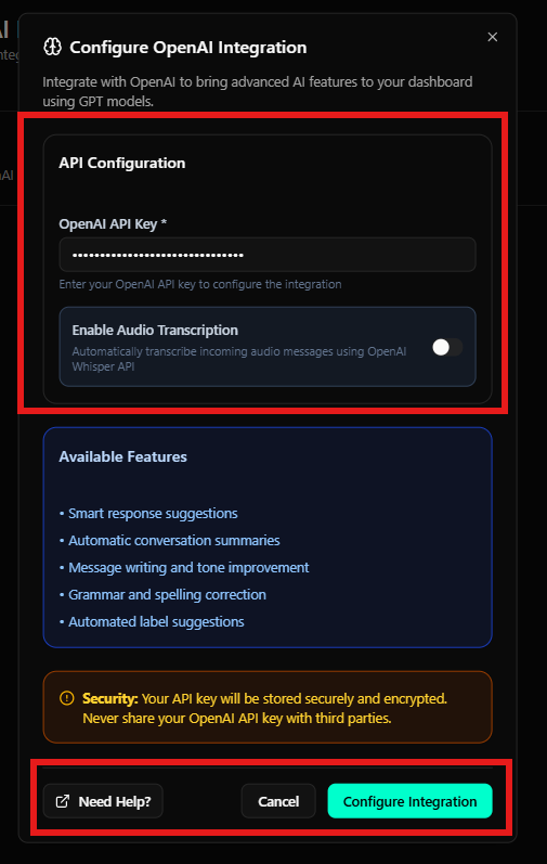 Modal de configuración OpenAI con todos los campos destacados