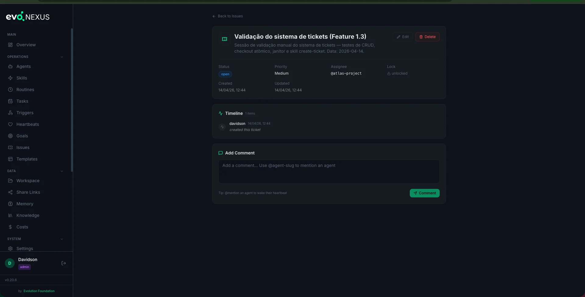 Ticket detail — header, timeline, comments