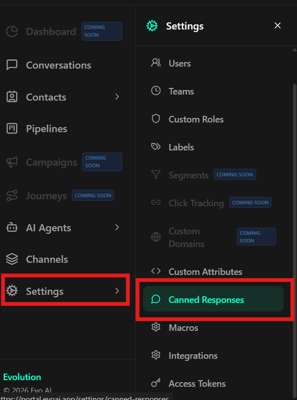 Navegação para Respostas Rápidas - Item Canned Responses destacado no menu lateral e estado vazio