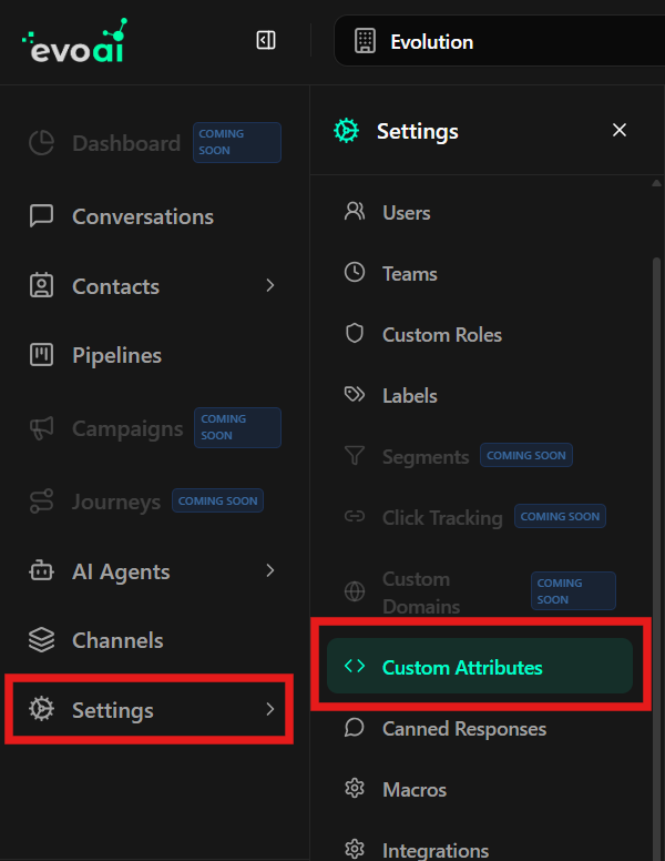 Acessando Atributos Personalizados - Item Custom Attributes destacado no menu lateral e estado vazio