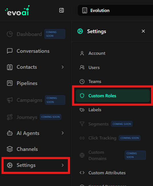 Navegação para Funções Personalizadas - Item Custom Roles destacado no menu lateral