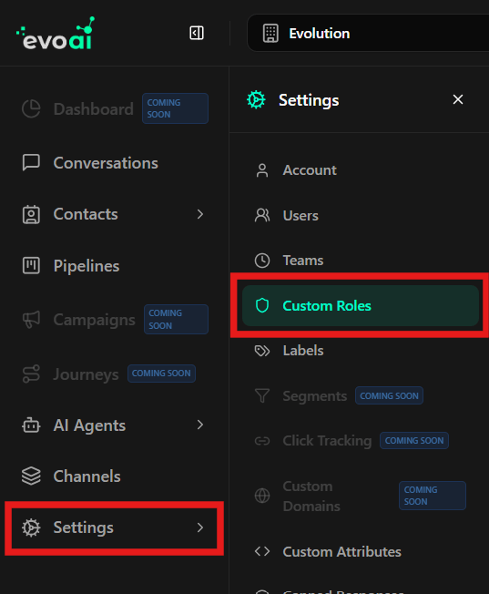 Navegação para Funções Personalizadas - Item Custom Roles destacado no menu lateral