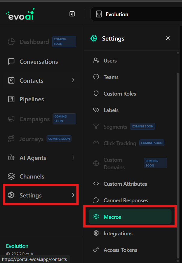 Navegação para Macros - Item Macros destacado no menu lateral e estado vazio