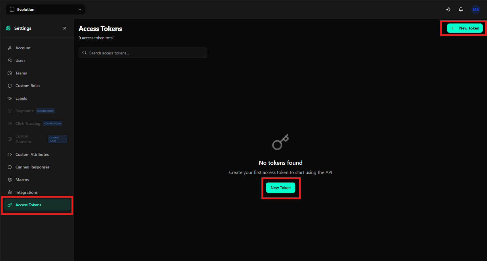 Botão New Token no cabeçalho destacado