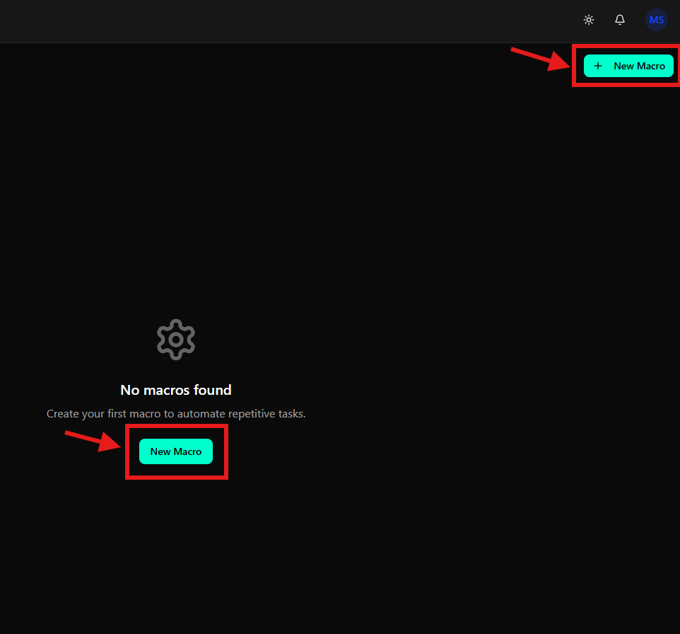 Empty state of macros with New Macro buttons highlighted