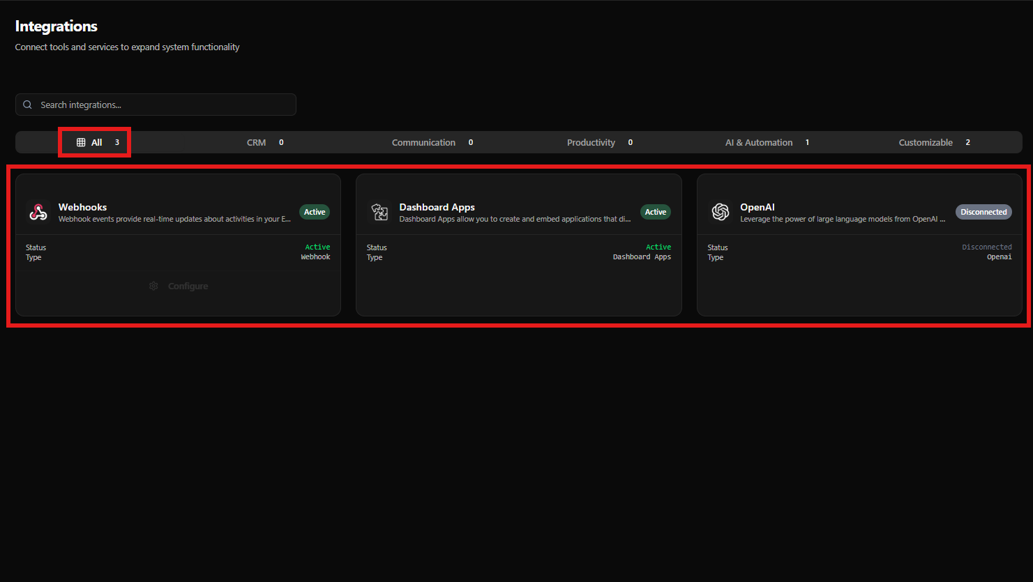 Página principal de Integraciones mostrando tarjetas de Webhooks, Dashboard Apps y OpenAI