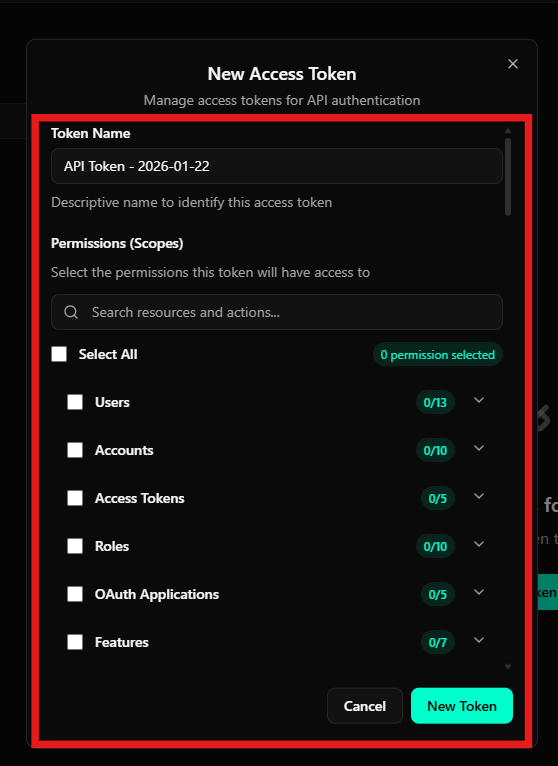 Modal de criação de novo token de acesso com todos os campos destacados