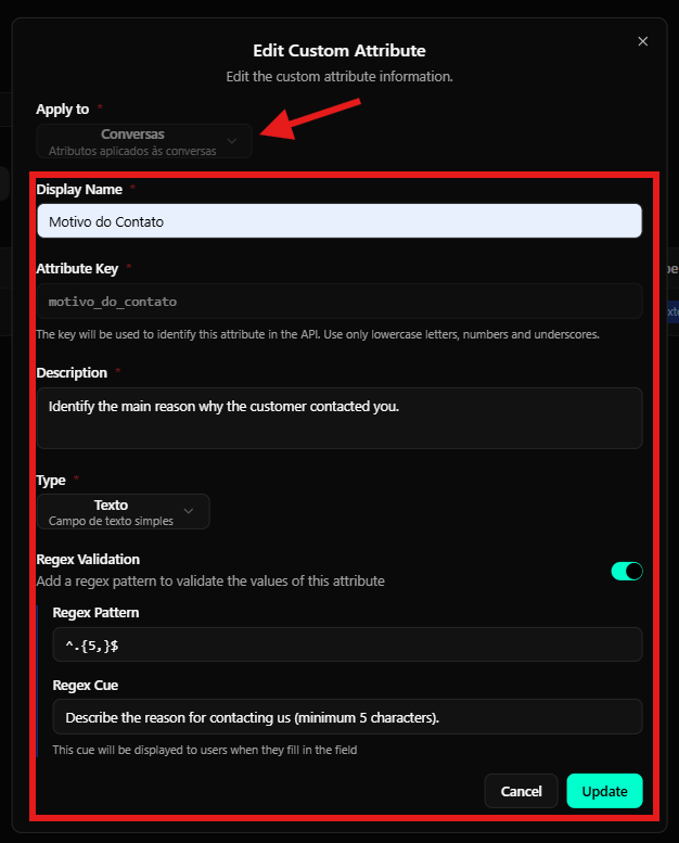 Modal de criação de novo atributo personalizado para Conversas com todos os campos destacados