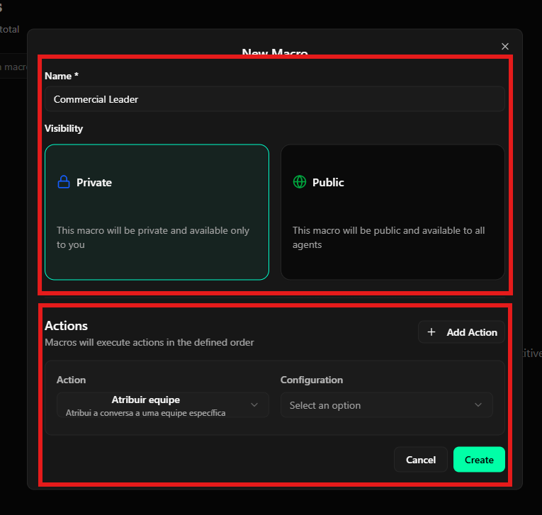 Modal de criação de nova macro com todos os campos destacados