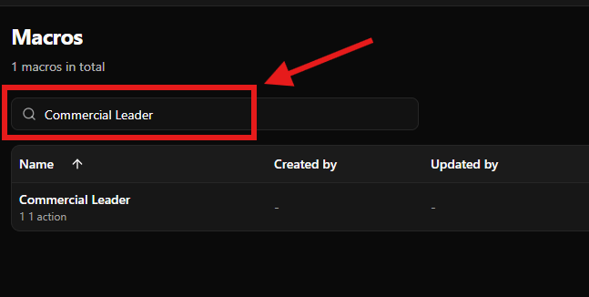 Macros search bar highlighted with search term entered