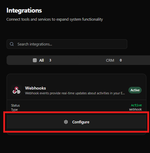 Tarjeta de Webhooks destacada en la página de Integraciones