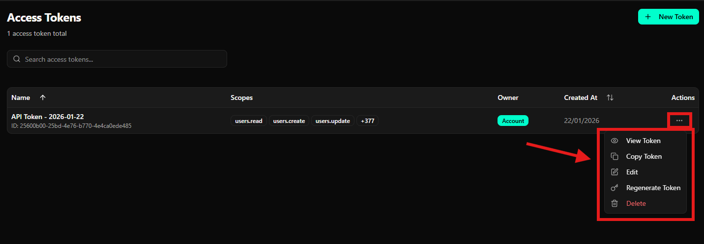 Menu de ações do token destacado - opções View Token, Copy Token, Edit, Regenerate Token e Delete