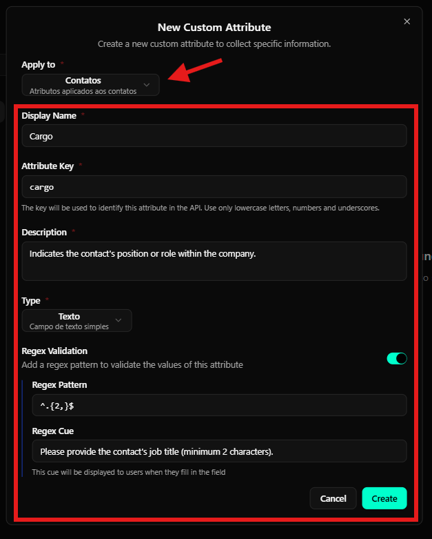 Modal de criação de novo atributo personalizado para Contatos com exemplo Cargo e validação regex ativada