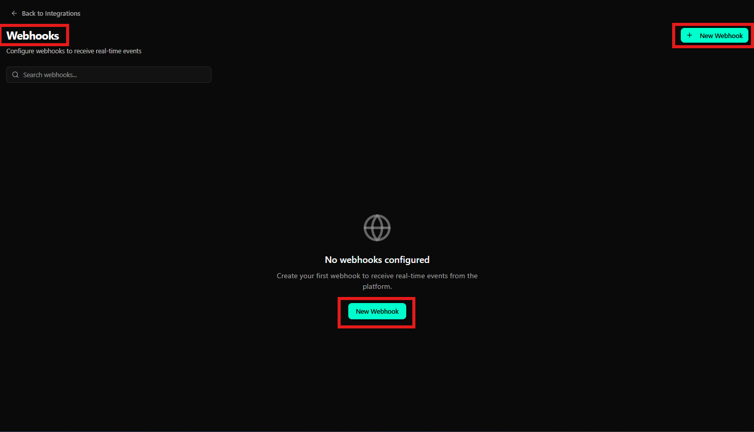 Página de Webhooks en estado vacío con botón New Webhook destacado