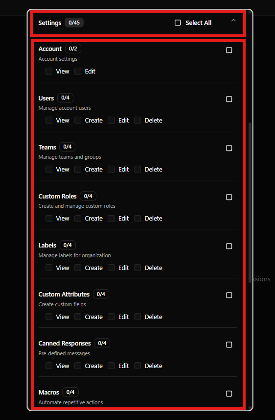 Seção Settings expandida mostrando todas as subcategorias e permissões disponíveis