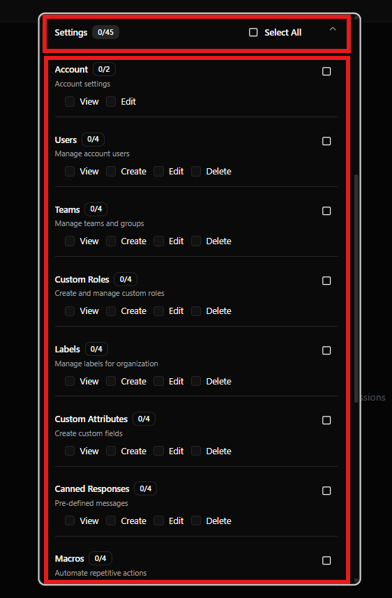 Seção Settings expandida mostrando todas as subcategorias e permissões disponíveis