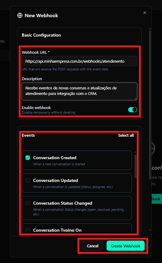 Modal de creación de nuevo webhook con todos los campos destacados