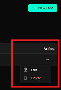 Menu de ações da etiqueta destacado - opções Edit e Delete