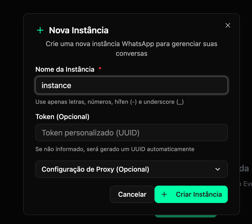 Modal de criação de nova instância WhatsApp