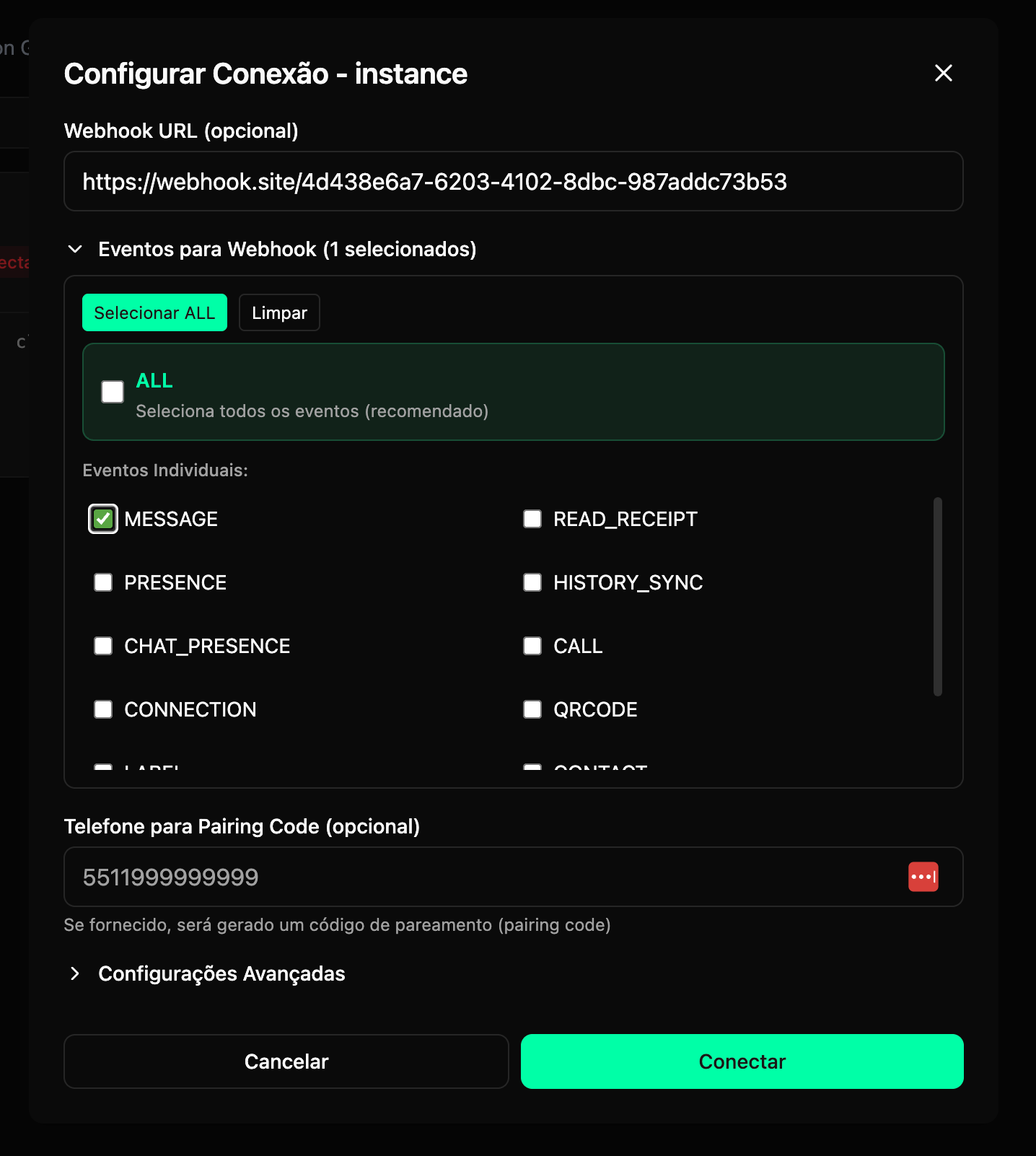 Modal de configuração de conexão e webhook