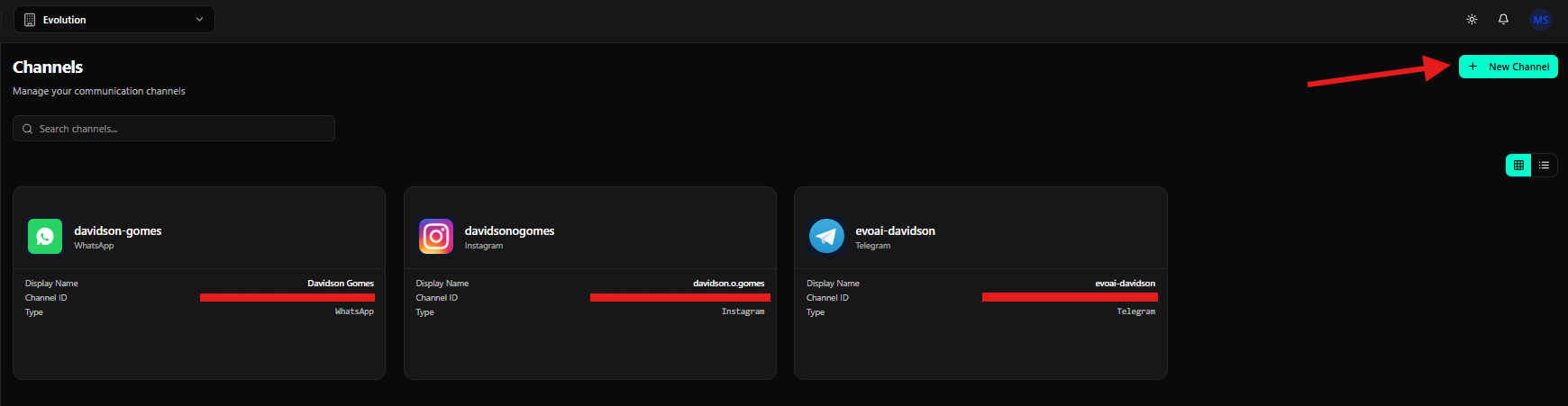 Botão New Channel