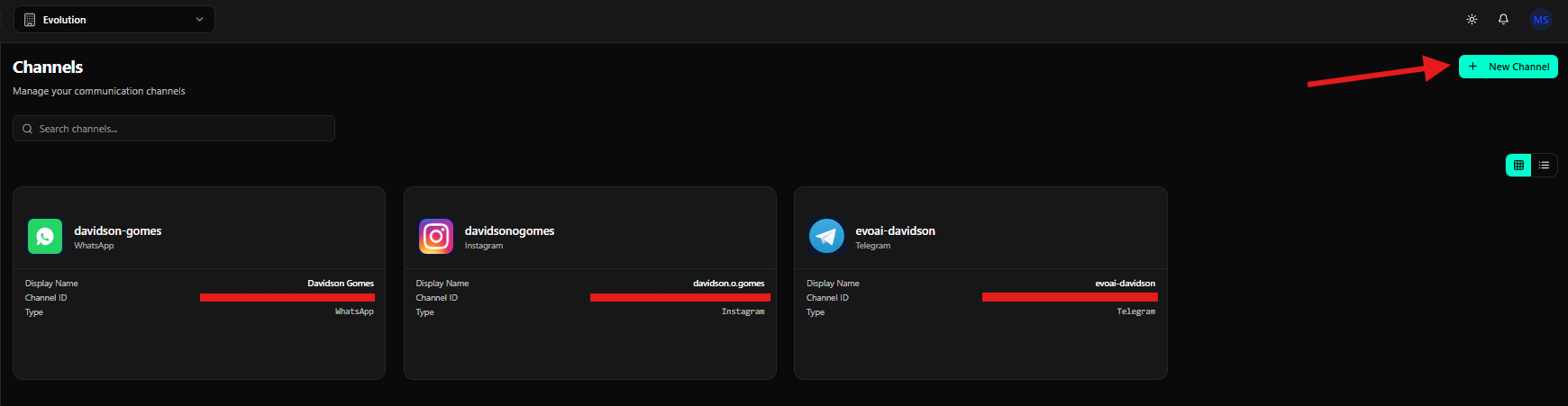Botão New Channel
