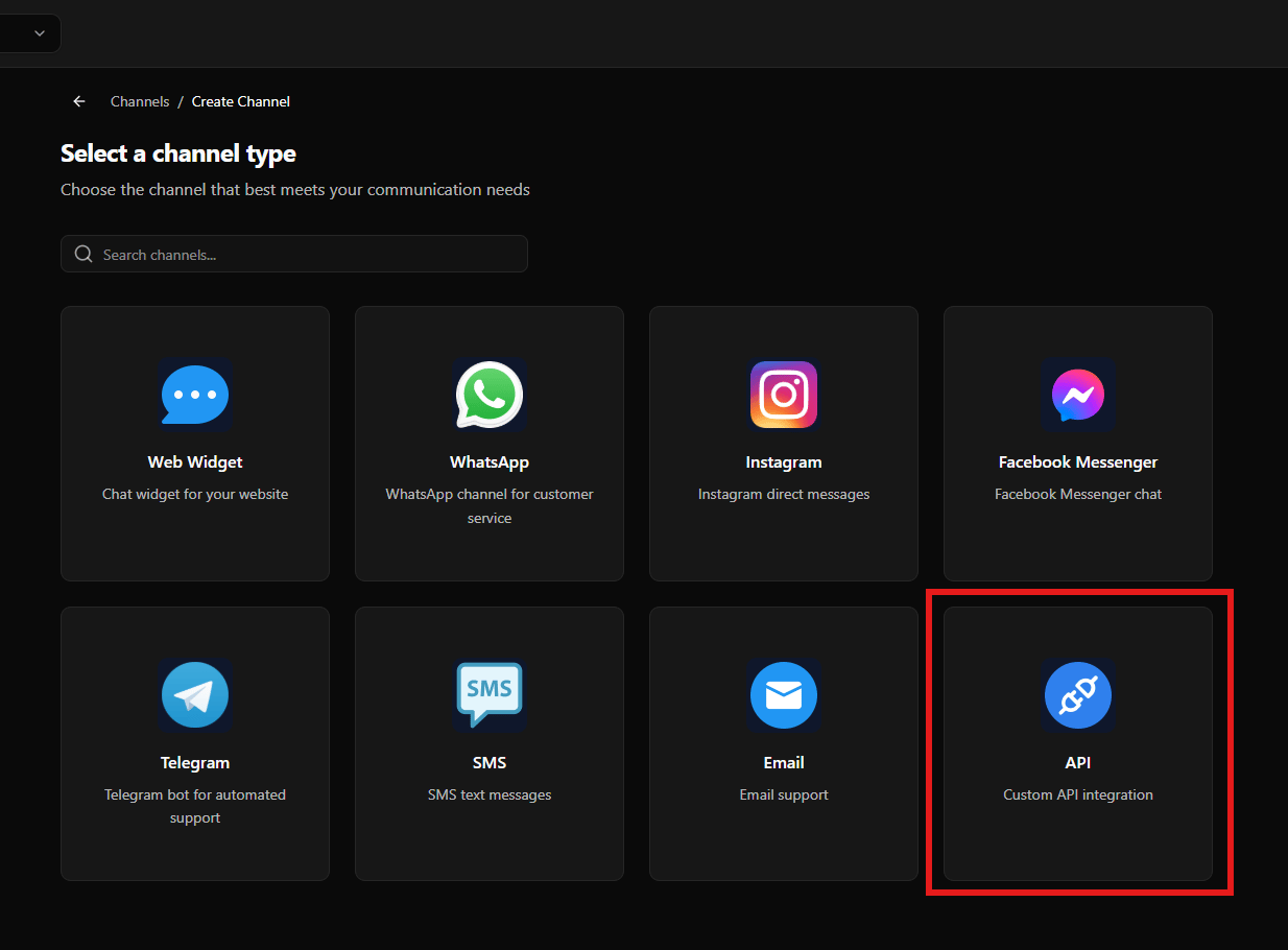 Selecionando API como tipo de canal