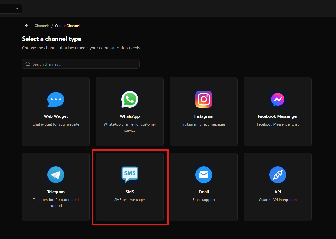 Selecionando SMS como tipo de canal