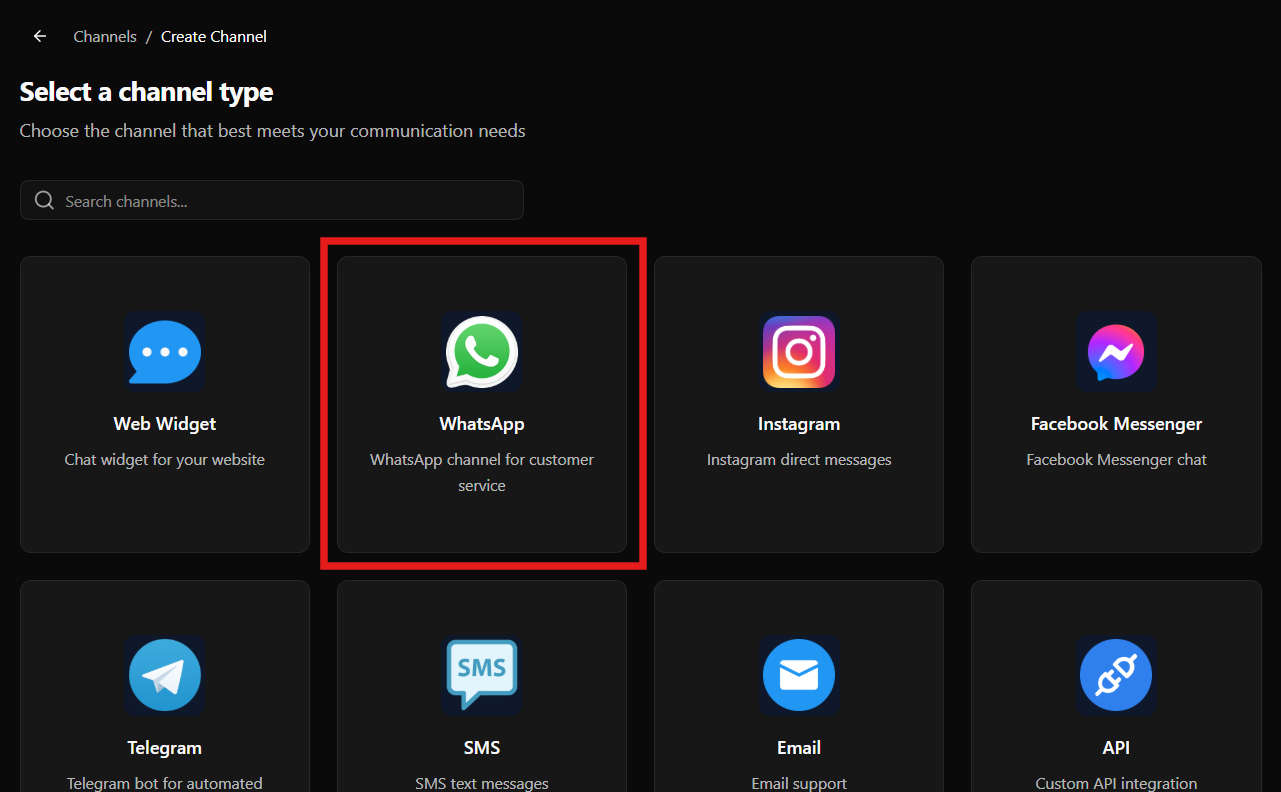Seleccionando el tipo de canal WhatsApp