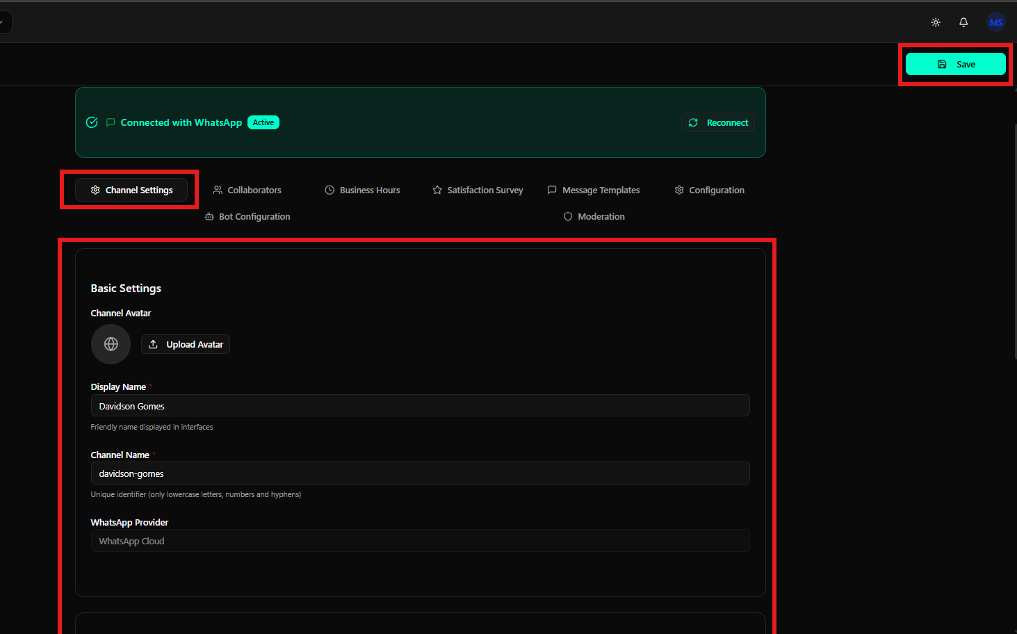 Configurações básicas do canal