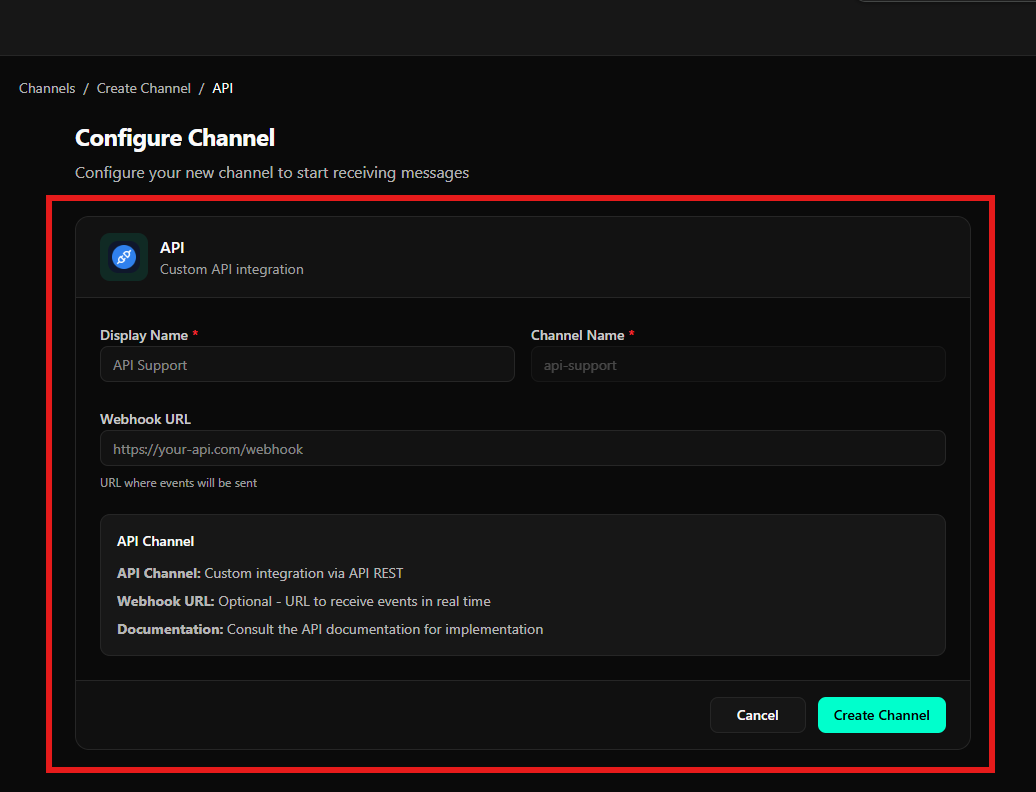 Tela de configuração do Canal API