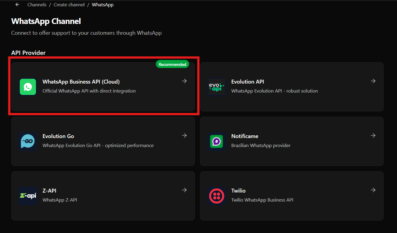 Seleccionando el proveedor WhatsApp Business API Cloud