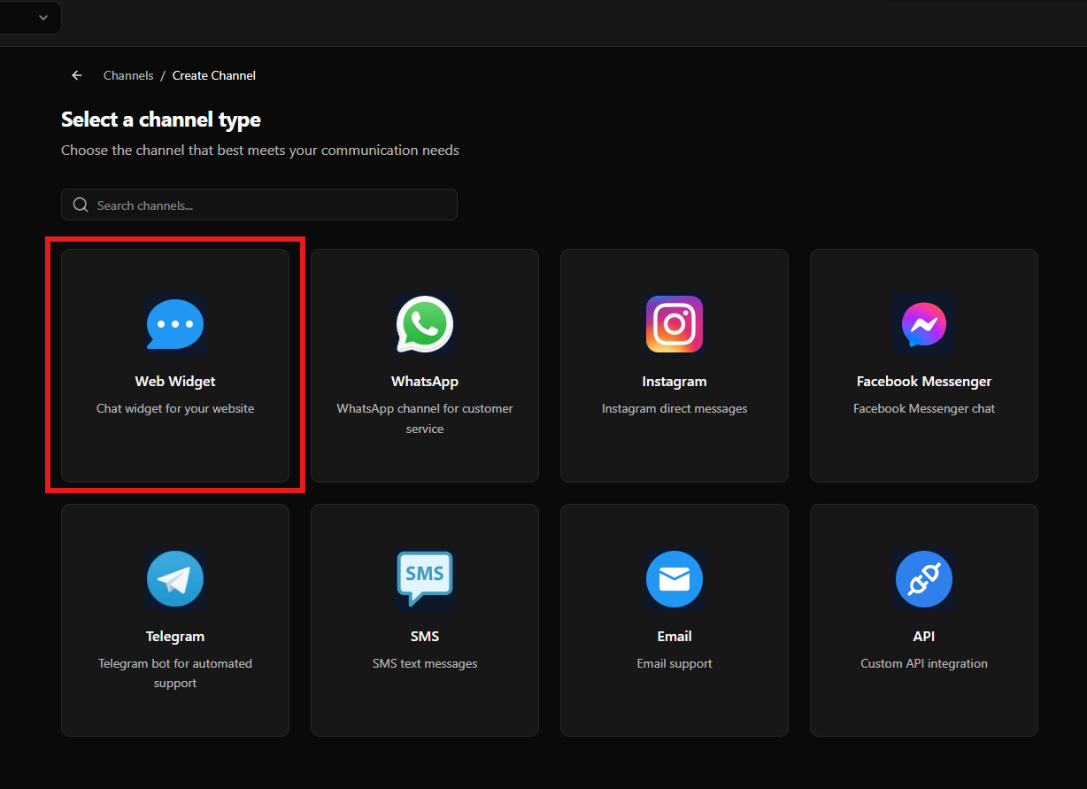 Tipo de canal Web Widget