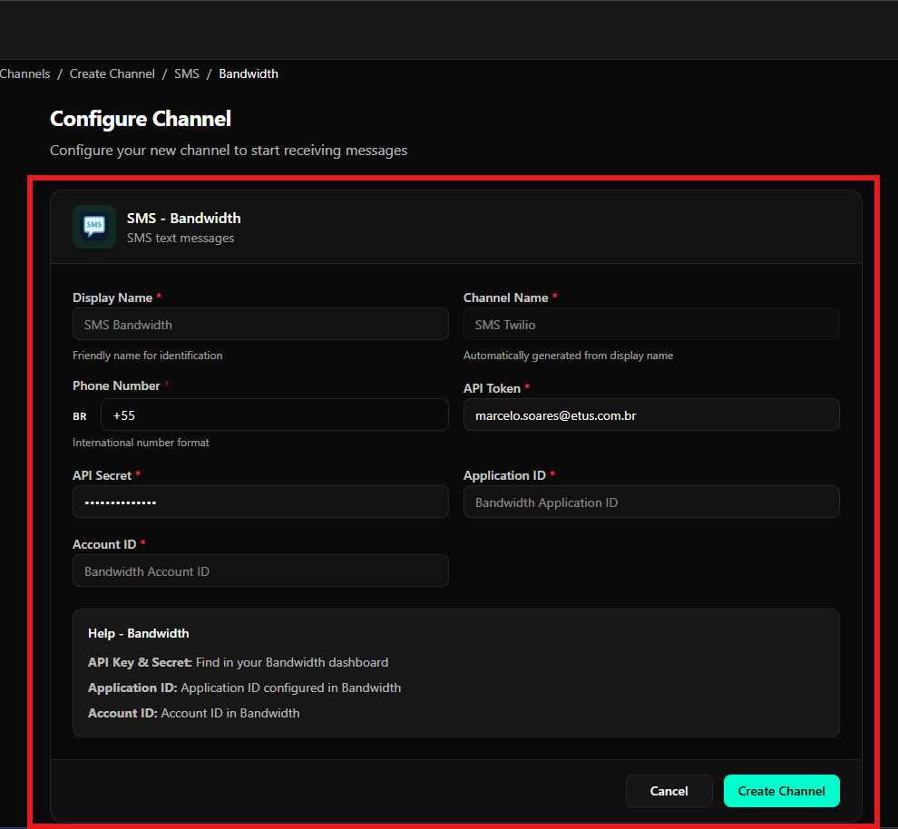Tela de configuração do Bandwidth SMS