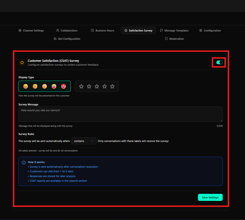 Configuração completa da pesquisa de satisfação