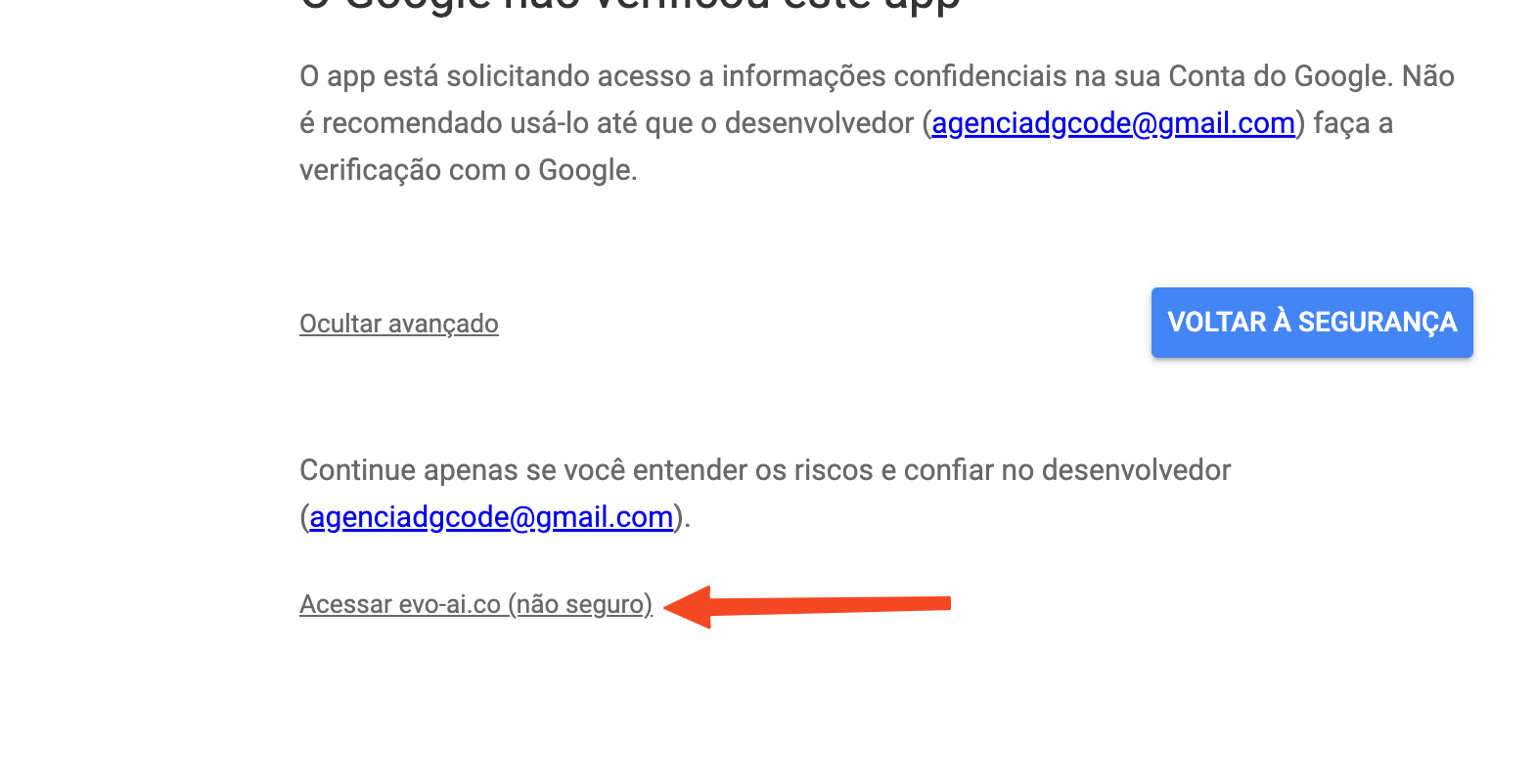 Tela de acesso ao aplicativo não verificado