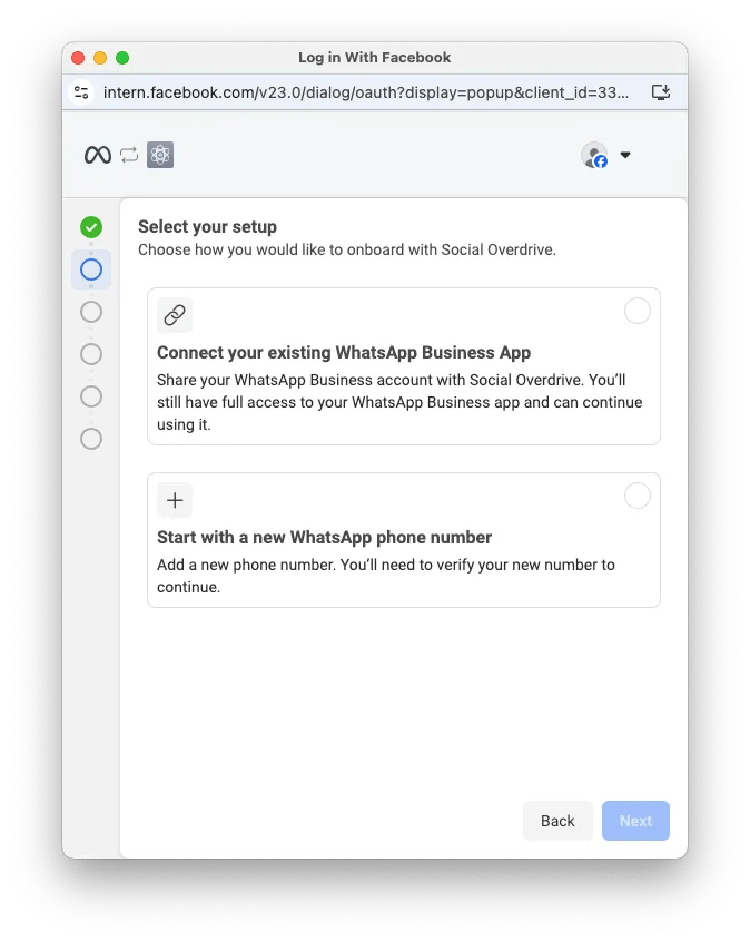 Selecionando tipo de configuração do WhatsApp