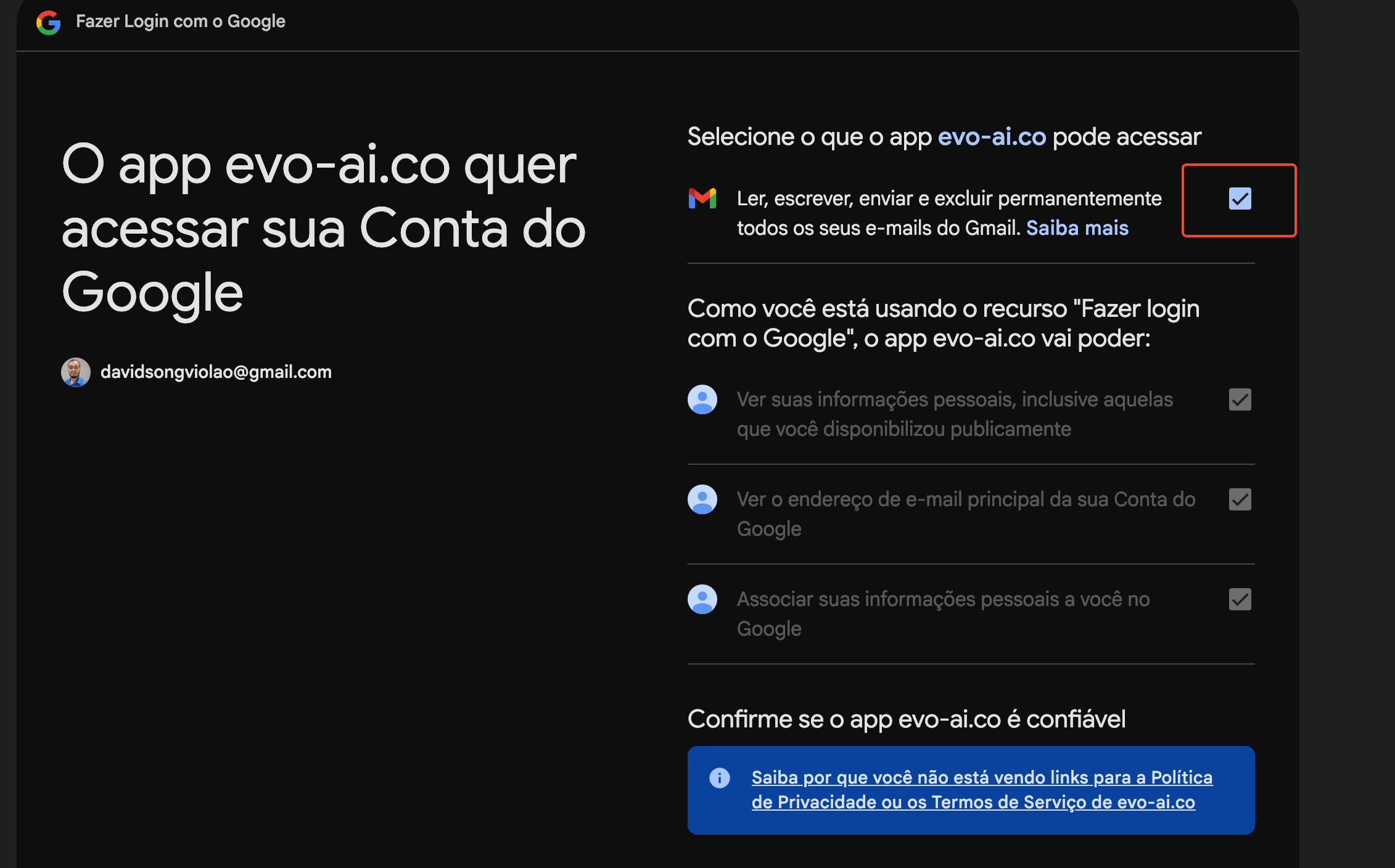 Tela de consentimento e permissões do Google